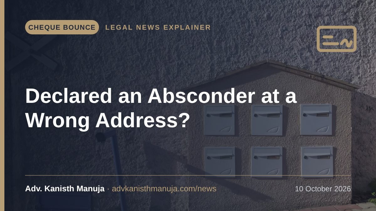 Explainer card: Cheque Bounce Case: Declared Absconder at a Wrong Address? Delhi High Court Sets New Rules for Trial Courts — Cheque Bounce, Legal News by Adv. Kanisth Manuja