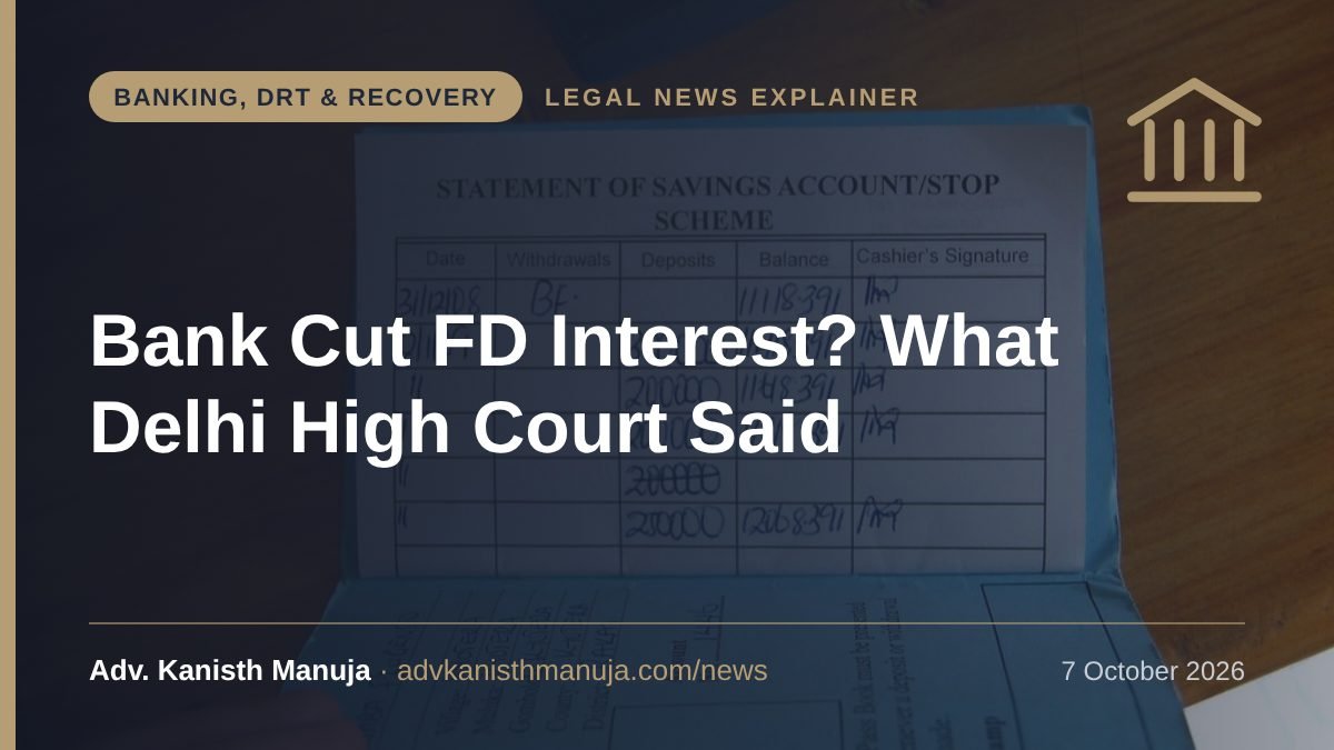 Explainer card: Can a Bank Cut Your Fixed Deposit Interest on Its Own? Delhi High Court Rules on a Rs 5.89 Crore FDR — Banking, DRT & Recovery, Legal News by Adv. Kanisth Manuja