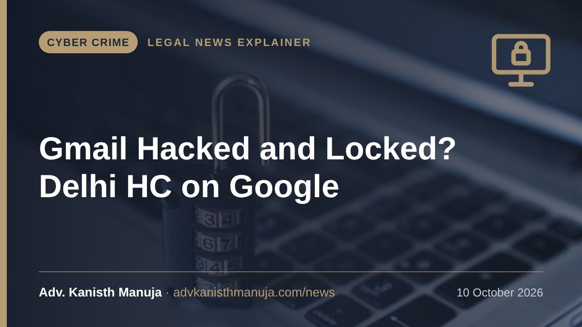 Explainer card: Gmail Account Hacked and Locked? Delhi High Court Says You Cannot File a Writ Against Google: What Are Your Options? — Cyber Crime, Legal News by Adv. Kanisth Manuja