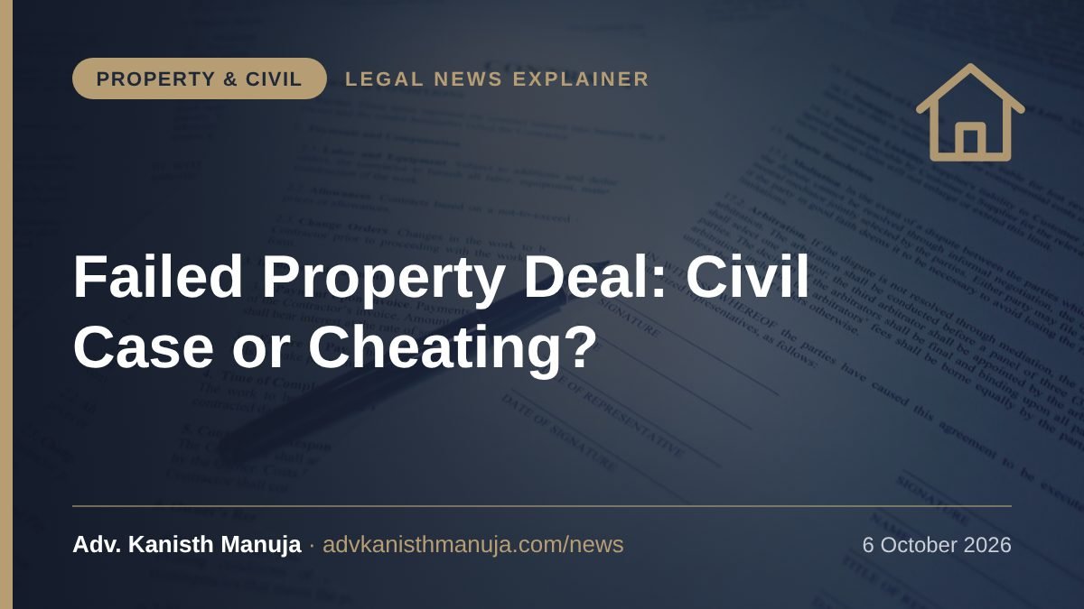 Explainer card: Property Deal Fell Through? Supreme Court Says a Civil Dispute Cannot Be Made a Cheating Case: What the Law Says — Property & Civil, Legal News by Adv. Kanisth Manuja